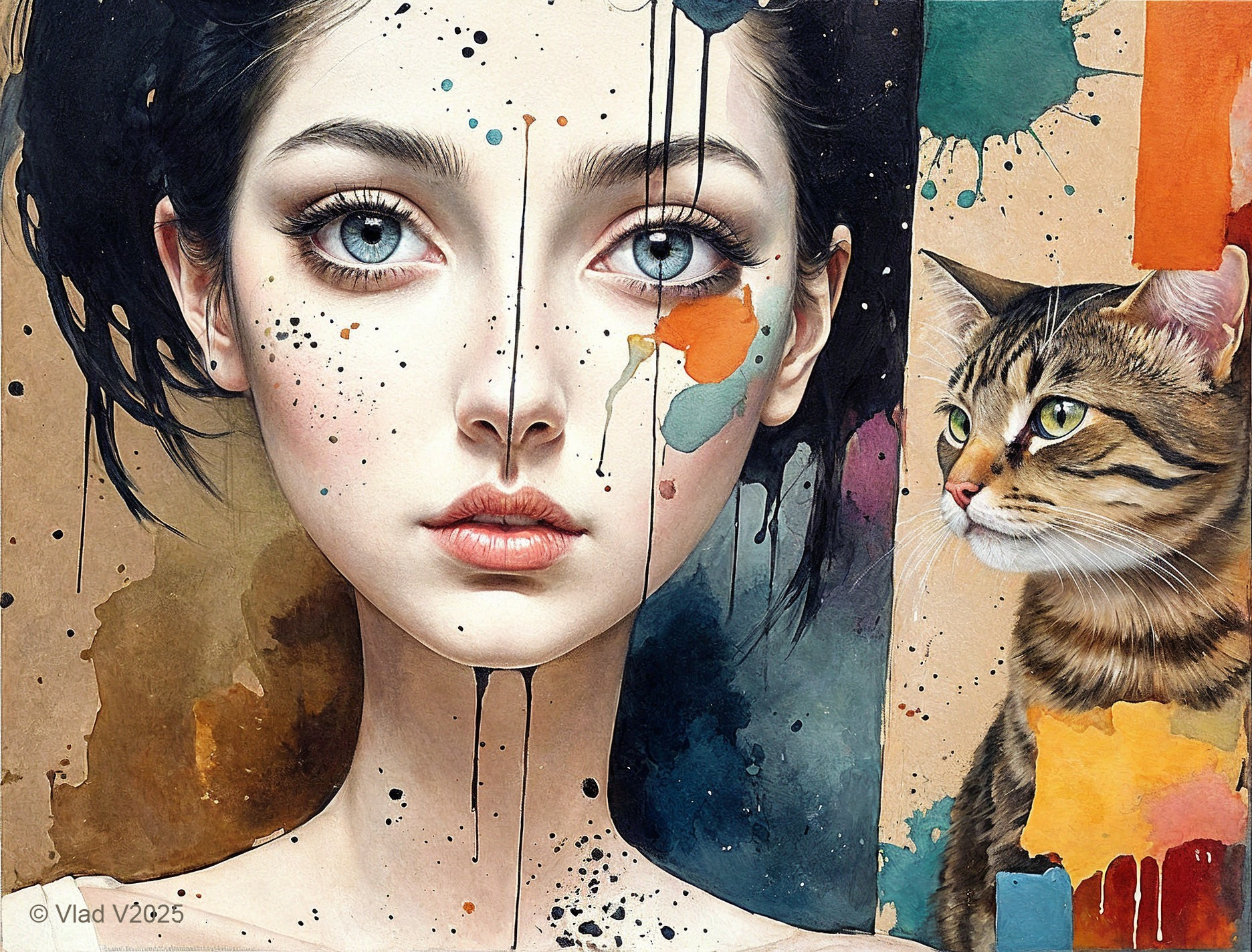 Portrait of a Young Woman with Blue Eyes and Cat