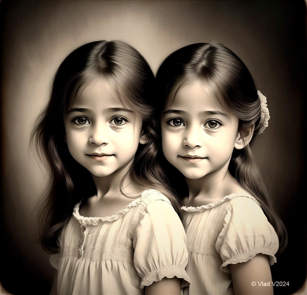 Identical Twins in Light Dresses with Serene Expressions