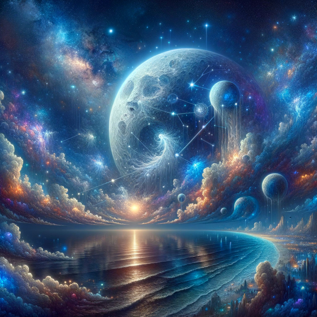 Large moon, stars, and jellyfish in cosmic ocean scene