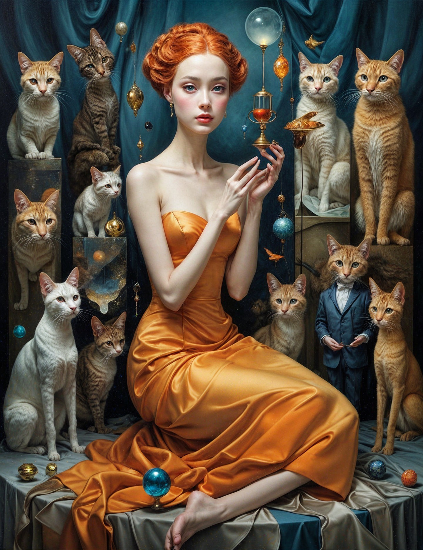 Serene Scene of Woman in Orange Gown with Cats
