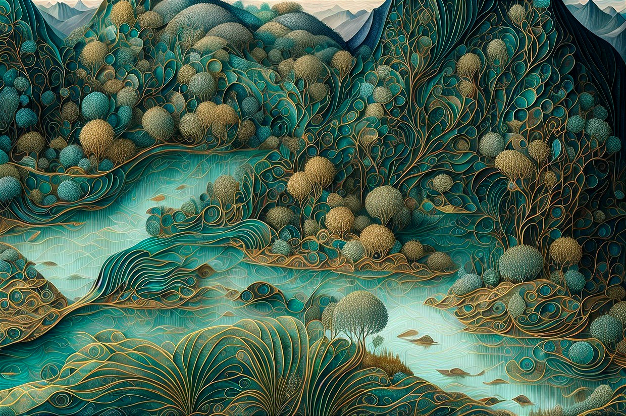 Stylized landscape digital artwork with surreal tree-like structures