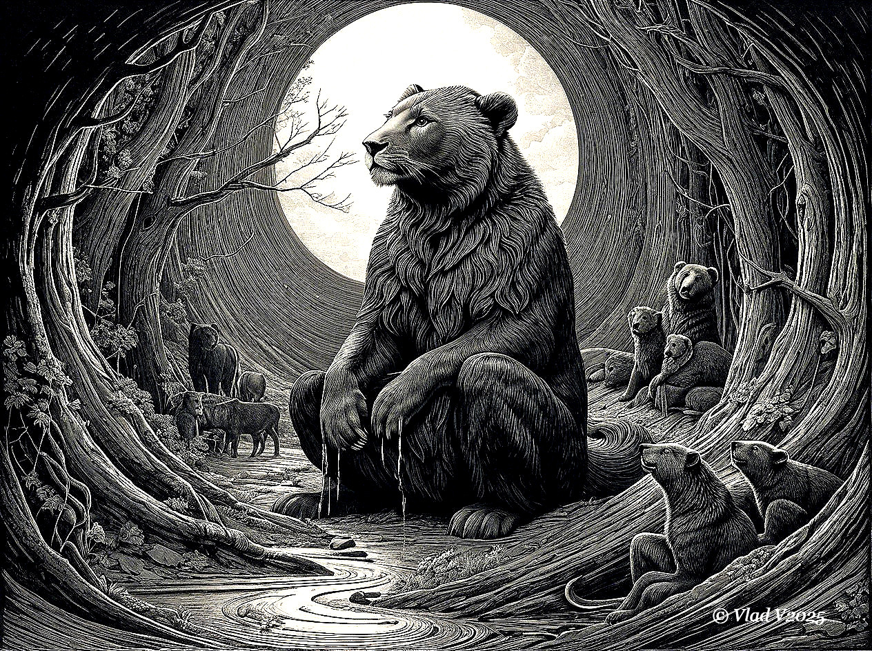 Majestic bear in a mystical forest with animals