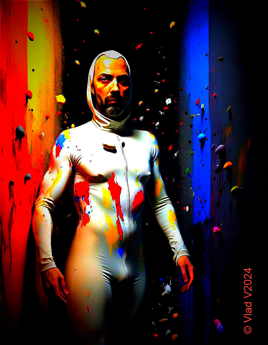 Vibrant Corridor with Figure in Colorful White Suit