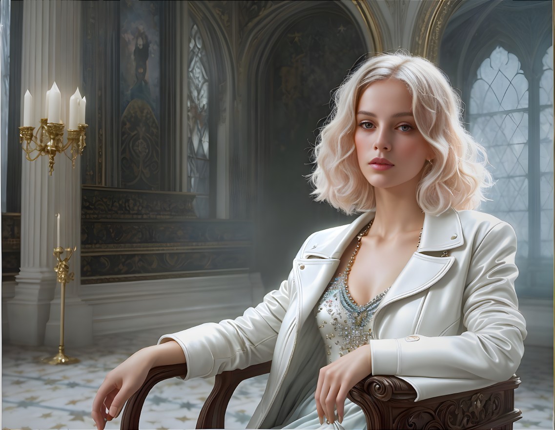 Blonde woman in white jacket and sequined top sitting in elegant room