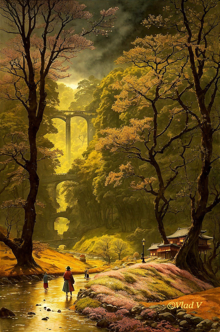 Autumn Landscape with Trees, Stream, and Building