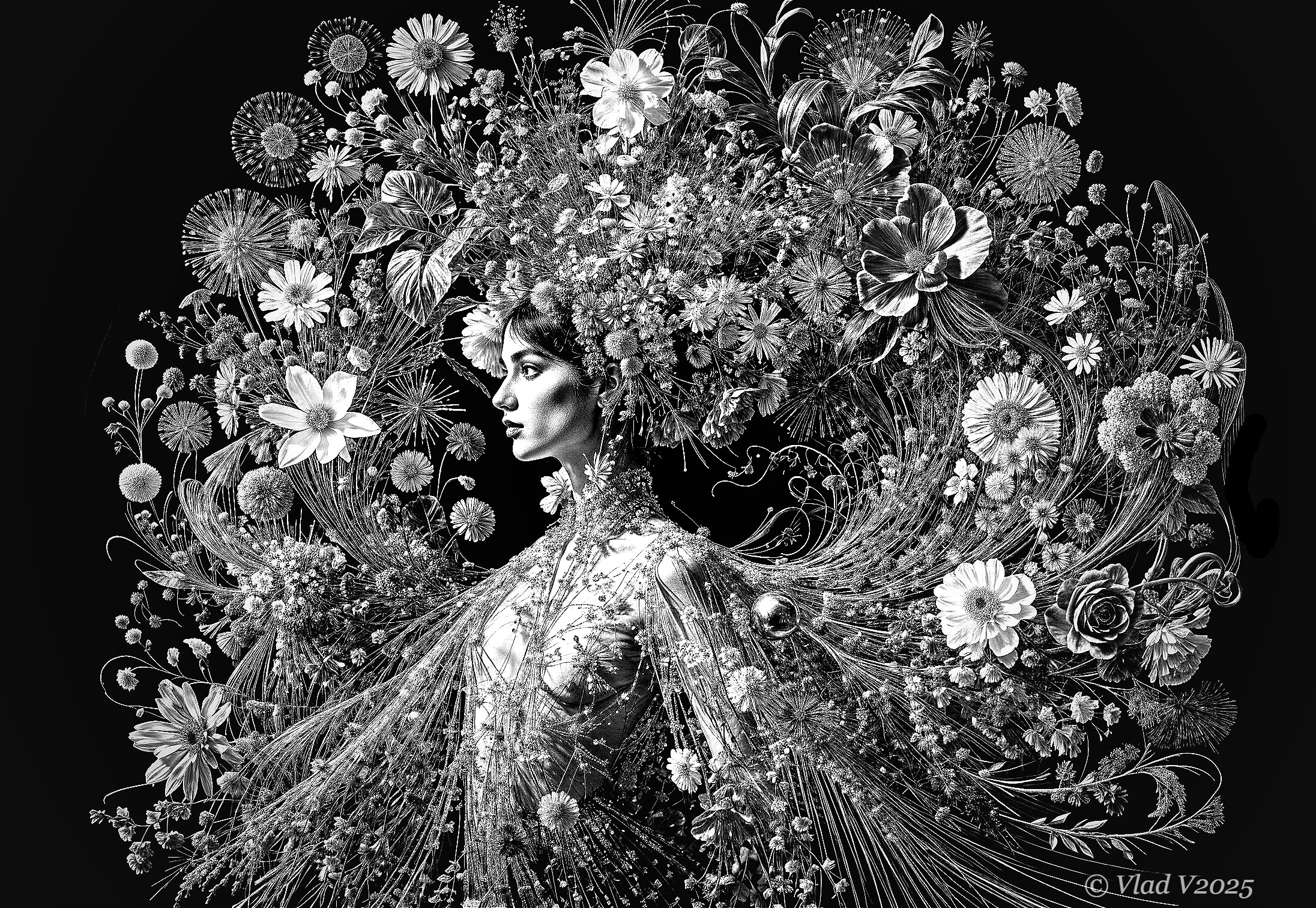 Monochrome Portrait of Woman with Floral Elements