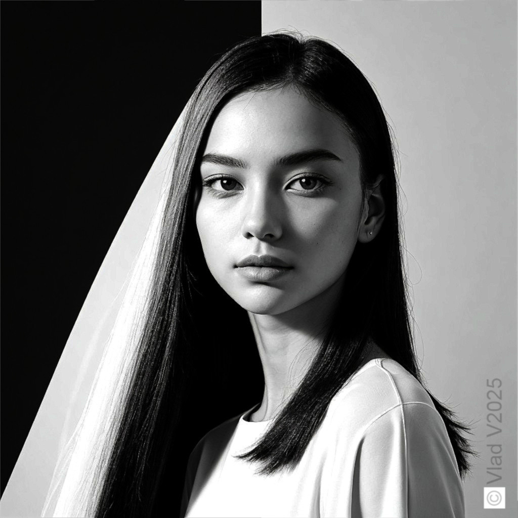 Black and White Portrait of a Young Woman with Long Hair