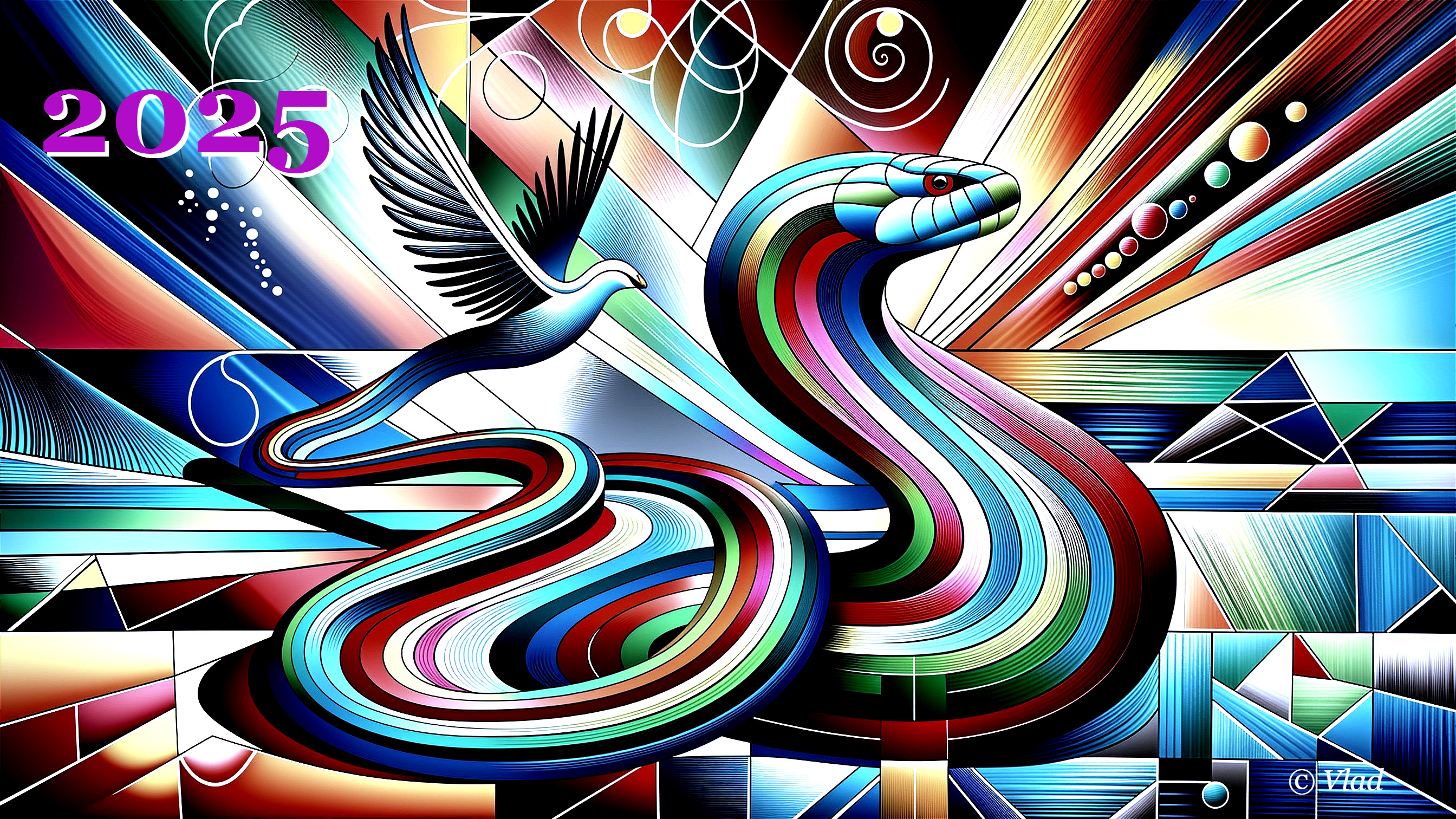 Vibrant Abstract Design with Snake, Bird, and 2025