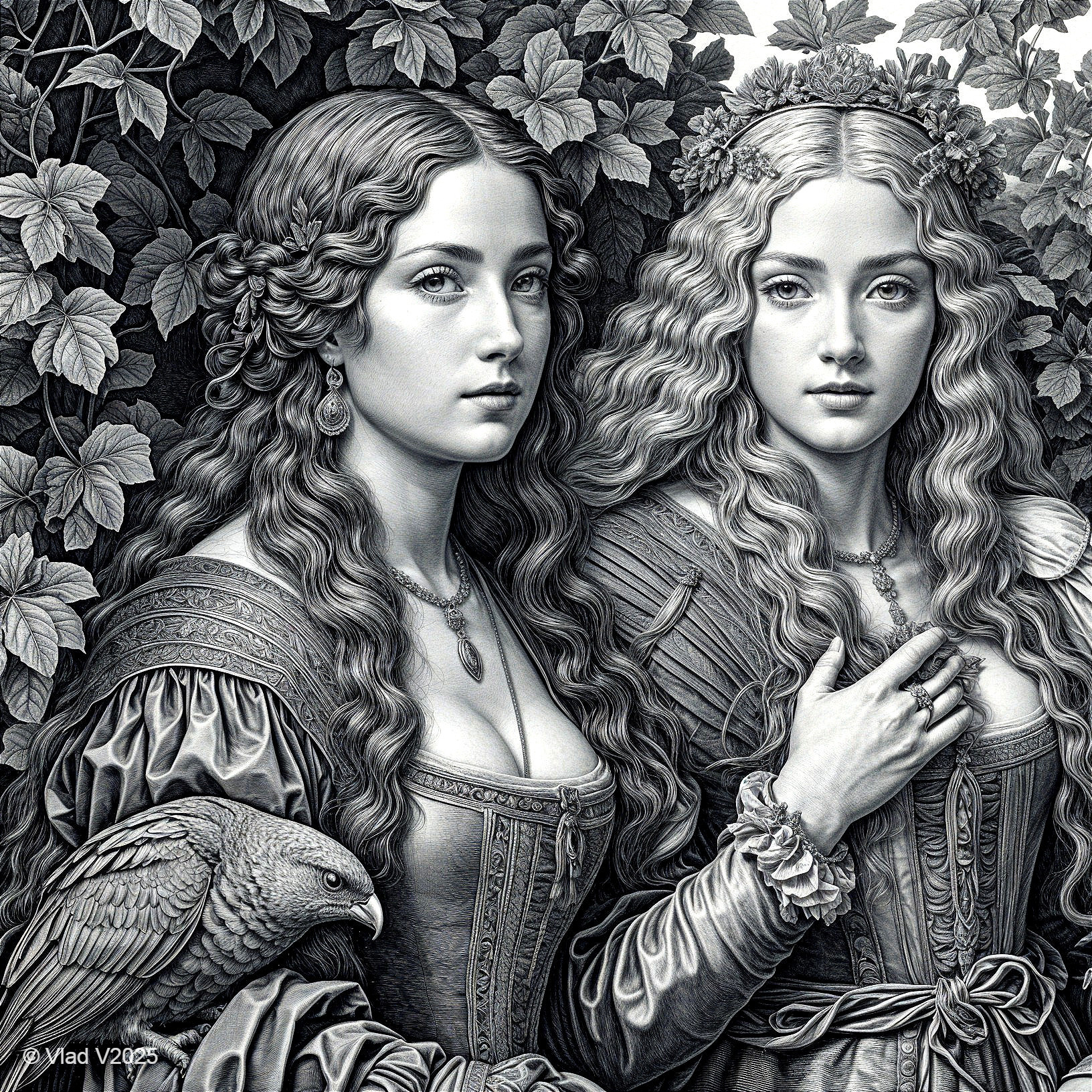 Elegant Women with Parrot Amidst Lush Vines
