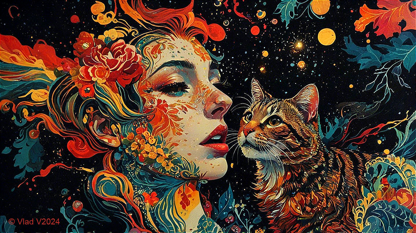 Vibrant Artwork of Woman with Colorful Hair and Cat