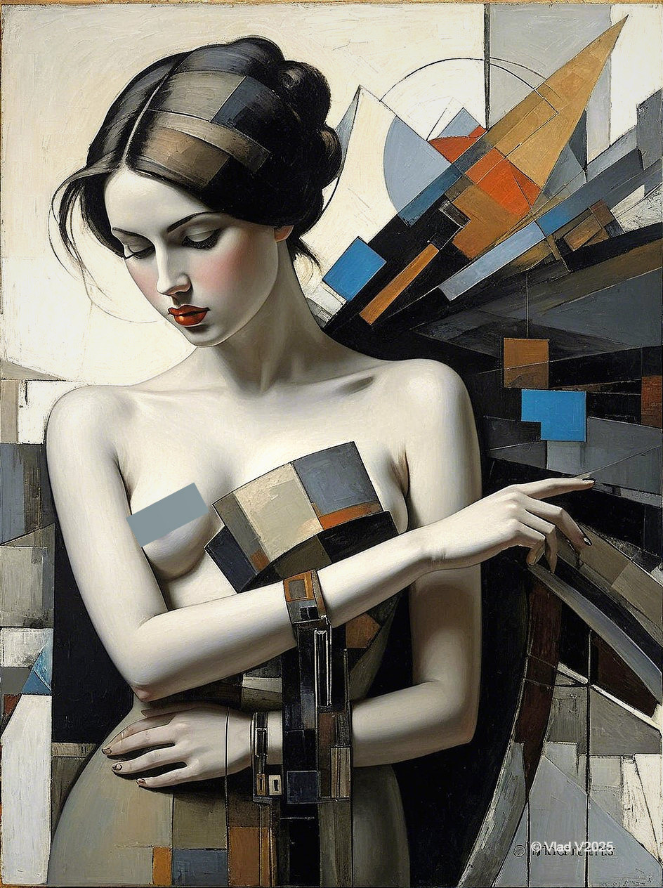 Graceful Woman with Geometric Background in Muted Tones