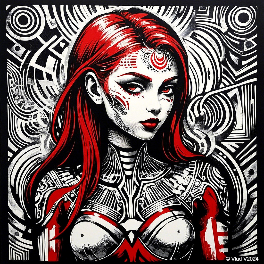 Vibrant Female Figure with Red Hair and Armor Design