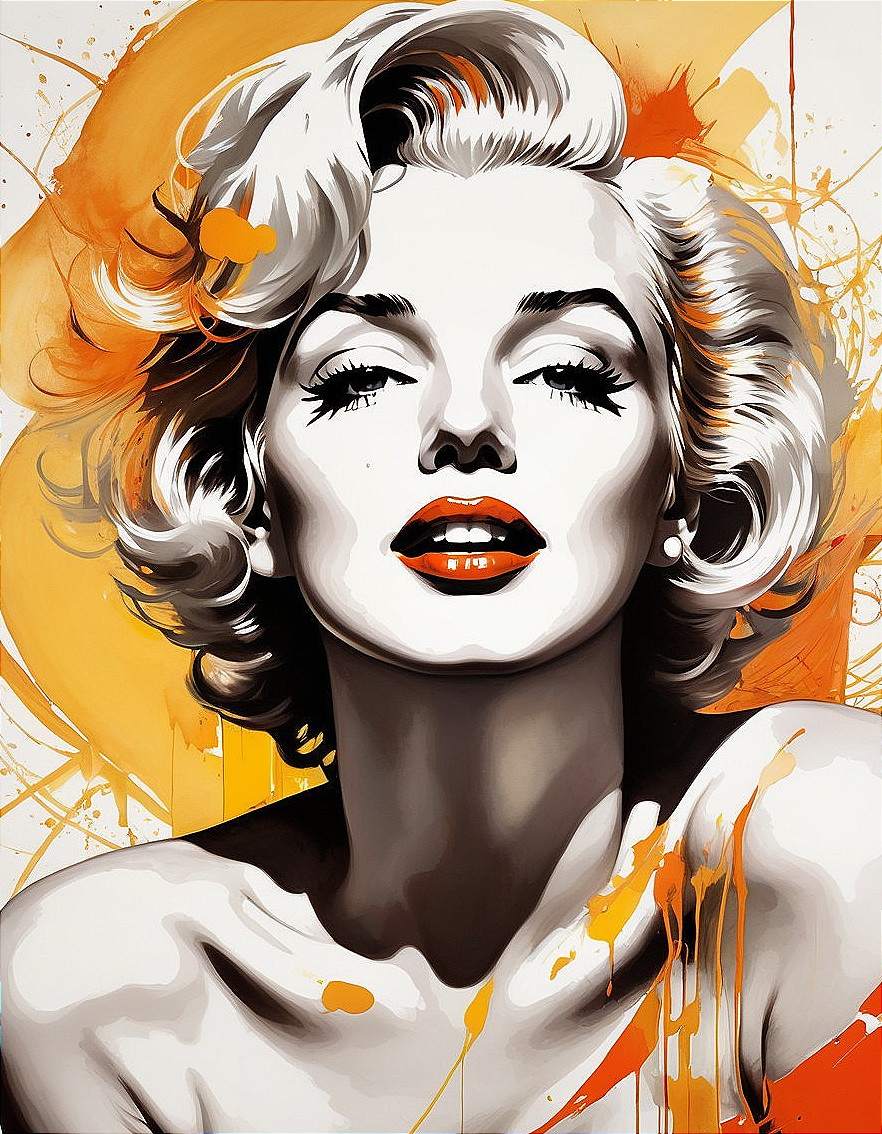 Portrait of Woman with Wavy Short Hair and Red Lips on Yellow and Orange Background