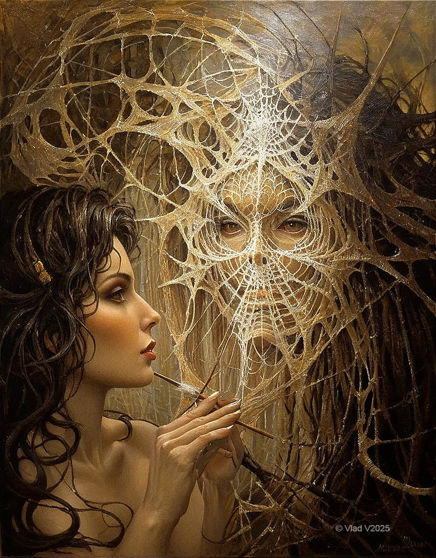 Woman gazing into mirror with intricate webs and reflection