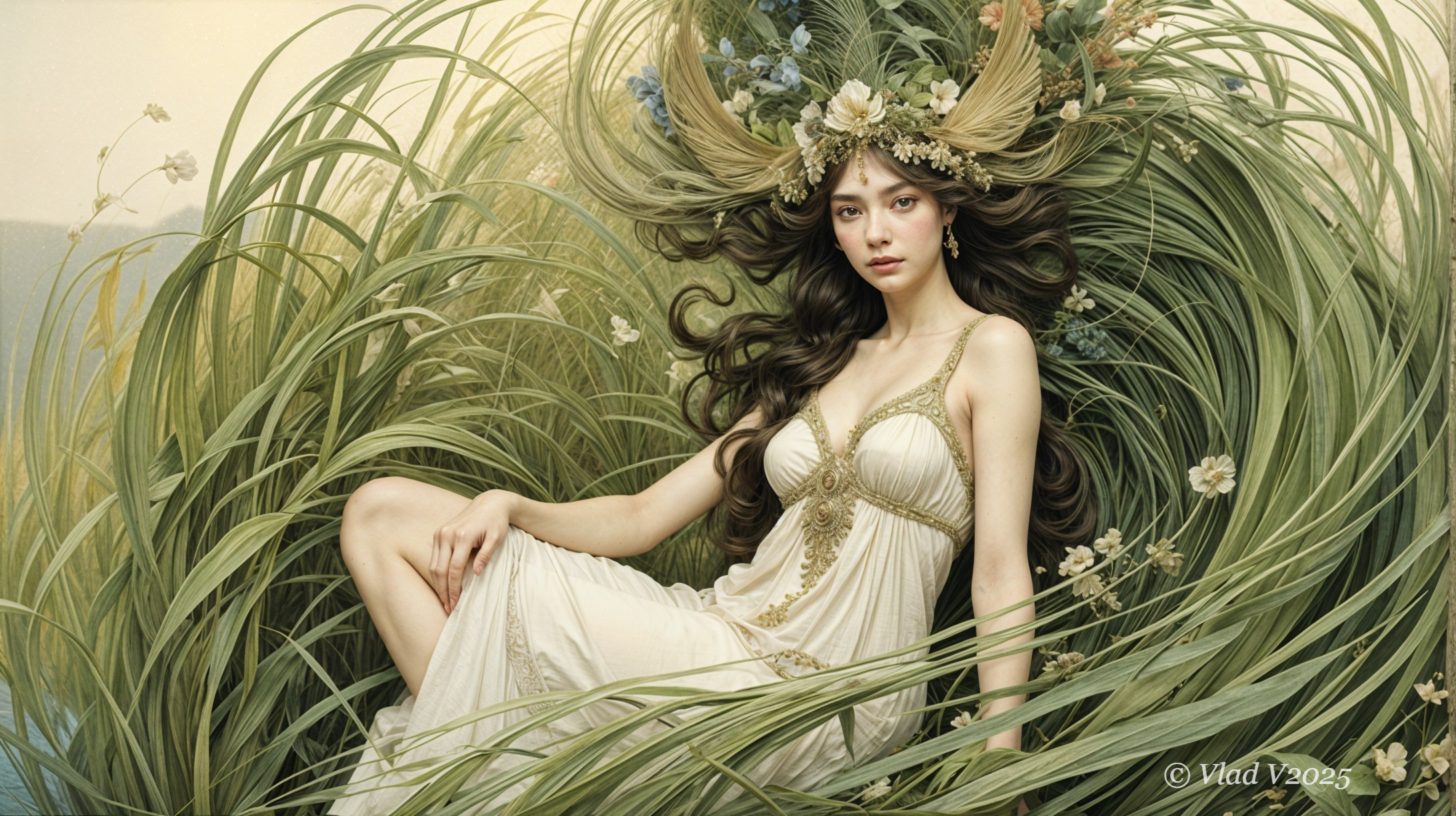 Serene figure in white dress surrounded by greenery