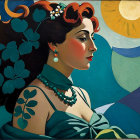Profile of a Woman with Leaves and Abstract Waves