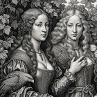Elegant Women with Parrot Amidst Lush Vines