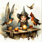 Whimsical Scene of a Girl with Birds and Lanterns