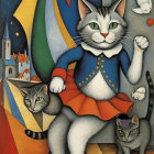 Whimsical Painting of Anthropomorphic Cat in Colorful Scene