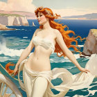 Woman with Red Hair by Ocean Cliffs in White Attire