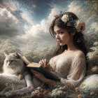 Young woman reading in a floral landscape at night