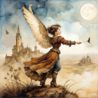 Young girl with wings gazes at castle under stars