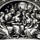 Group of Twelve Women in Elegant Attire and Floral Motifs