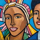 Vibrant Painting of Two Confident Women with Feathers