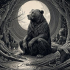 Majestic bear in a mystical forest with animals