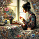 Young Woman Reading in Sunlit Floral Room