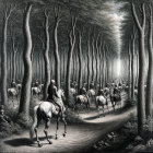 Monochrome Scene of Historical Riders in Forest