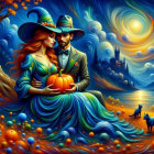 Couple in Vintage Attire Among Autumn Leaves and Pumpkins