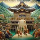 Traditional Chinese Landscape with Pagoda and Figures
