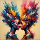 Stylized Faces with Colorful Feathers and Foliage