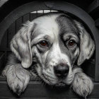 Black and White Drawing of a Dog in a Wooden Structure