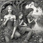 Three Ethereal Women in a Mystical Landscape