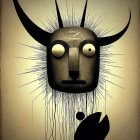 Stylized Mask Artwork with Energy Lines and Sun