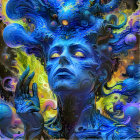 Mystical Figure with Blue Skin and Cosmic Elements