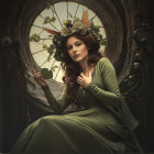 Young woman in green dress by round window with light