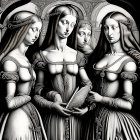 Elegant Women in Renaissance Dresses with Book
