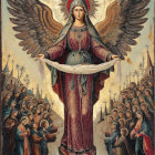 Religious Icon of Virgin Mary with Worshippers and Angels