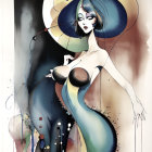 Stylized Elongated Woman with Vibrant Colors and Hat