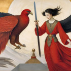 Woman in Red Robe with Phoenix in Mystical Landscape