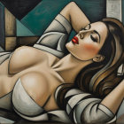 Reclining Woman in Elegant White Garment with Geometry