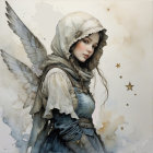 Ethereal Young Woman with Wings and Hooded Cloak