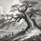 Gnarled tree with figures under moonlit landscape