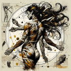 Dynamic Muscular Woman in Powerful Pose with Geometry
