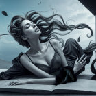Ethereal Woman Among Surreal Geometric Shapes