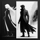 Silhouettes of Elegant Figures on Black and White Background