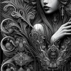 Black and White Illustration of a Tattooed Woman